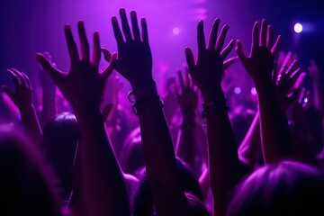 Night club party crowd hands up. Purple Light (Ai generated)
