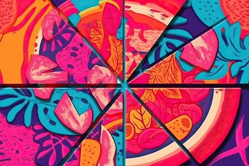 Fototapeta na wymiar Pizza, Fast food Italian pop art collage style in neon bold colors (Ai generated)
