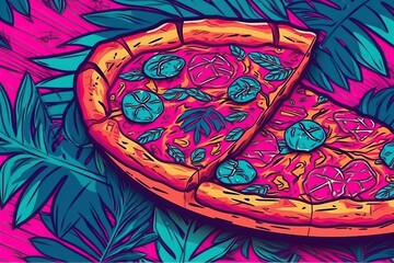 Pizza, Fast food Italian pop art collage style in neon bold colors (Ai generated)