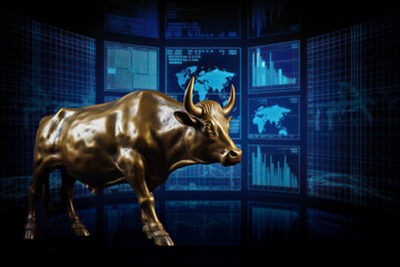 golden brass statue of a bull over blurred stock exchange charts and map displayed on a screen as a symbol for rise of global markets and growing stock quotes, generative AI