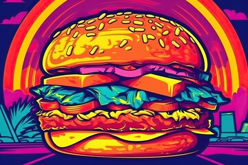 Hamburger, fast food pop art collage style in neon bold color (Ai generated)