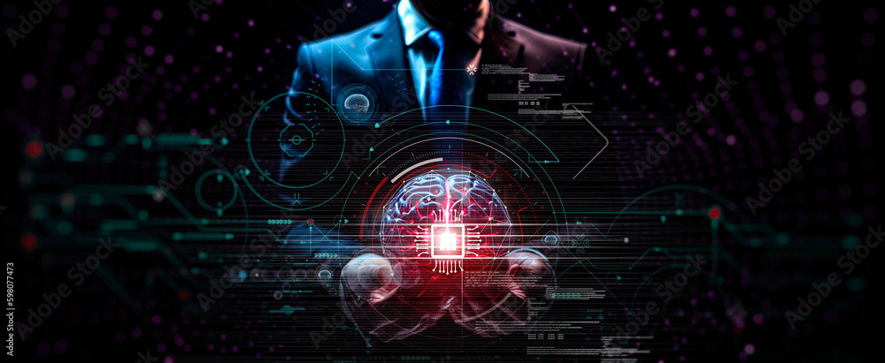 Aufkleber Businessman holding the brain working of Artificial Intelligence (AI) in the futuristic business and coding software development on interface and synchronize network connection, IoT, innovative.