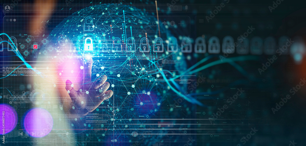 Fototapete Cyber security and data protection. Businesswoman holding padlock protecting business and financial data with virtual network connection. Innovation technology develop smart solution  digital attack