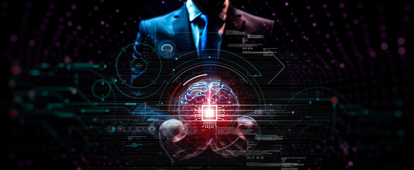 Businessman holding the brain working of Artificial Intelligence (AI) in the futuristic business and coding software development on interface and synchronize network connection, IoT, innovative.