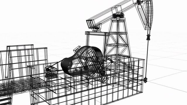 The oil pump extracts oil and gas from the bowels of the earth. The structure and frame are presented in the form of drawing lines. The camera moves along the trajectory. Loop.