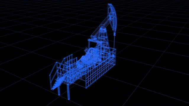 The oil pump extracts oil and gas from the bowels of the earth. The neon  structure and frame are presented in the form of drawing lines. The camera moves along the trajectory. Loop.