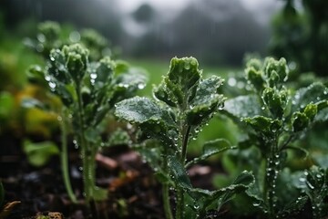 Plants with fresh water drops in garden on a raining day (Ai generated)