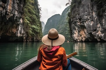Woman traveler on boat in nature majestic sea view (Ai generated)