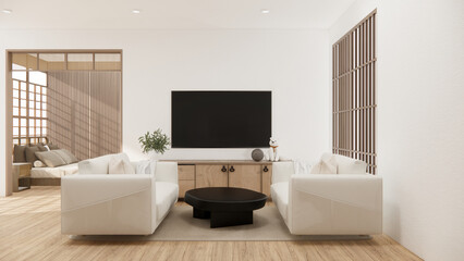Fototapeta na wymiar Muji minimalist, Sofa furniture and modern room design minimal.3D rendering