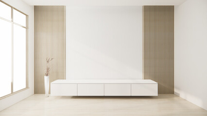 Fototapeta na wymiar Living room, cabinet Tv minimalist design muji style.3D rendering