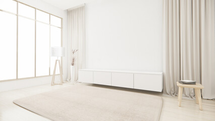 Living room, cabinet Tv minimalist design muji style.3D rendering