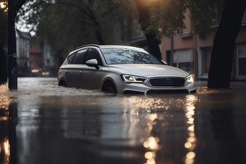 Fototapeta na wymiar Car submerged in flood water. Car insurance concept. Generative ai Generative AI