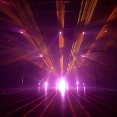 Fototapeta na wymiar An empty stage club with purple and yellow bright stage lights and lights beams through a smokey atmosphere background. A.I. generated. 