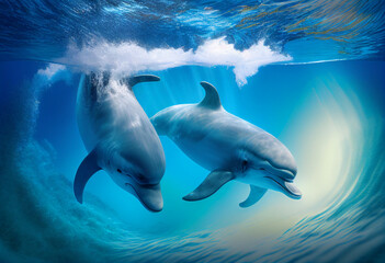 Obraz premium Two dolphins swim in the sea in the sun. AI Generated