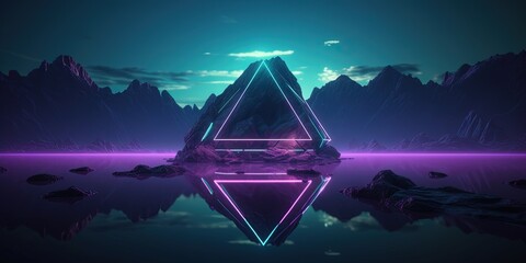 Futuristic Night Dreamscape  Geometric Rhombus and Extraterrestrial Landscape in Neon Minimalist Framed Wallpaper, Generative AI
