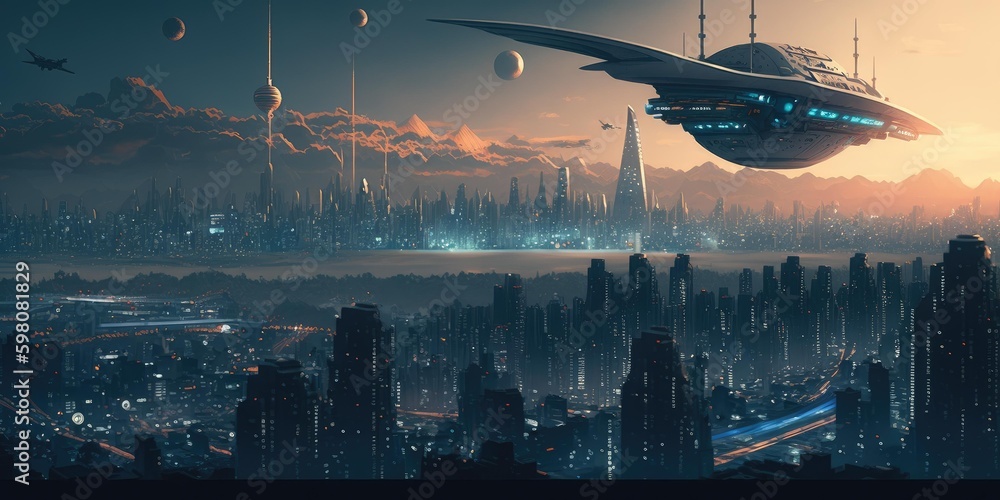 Poster science fiction fantasy world cityscape skyline with futuristic building architecture. superlative g
