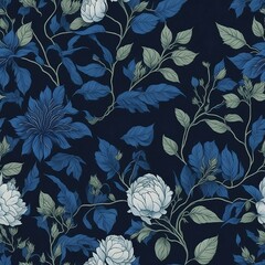 Seamless evening pattern with white flowers and green leaves. Floral design on a dark blue background. Generative AI.