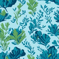Seamless pattern with green and blue seaweed. Floral design on a blue background. Generative AI.