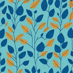 Seamless pattern with blue and yellow leaves on branches. Floral design on a light blue background. Generative AI.