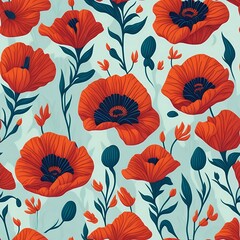 Seamless pattern with red flowers and green leaves. Floral design on a light blue background. Generative AI.