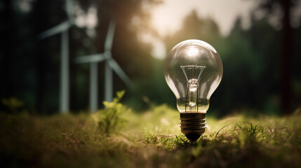 Lightbulb with Solar Panel and Wind Turbine in Background - ESG, Renewable Clean Energy, and Green Energy Concept - Generative AI