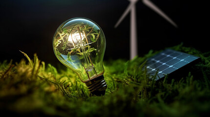 Lightbulb with Solar Panel and Wind Turbine in Background - ESG, Renewable Clean Energy, and Green Energy Concept - Generative AI