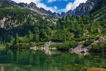 Fototapeta premium Beautiful summer landscape of High Tatras, Slovakia - Poprad lake, lush forest, reflecting on water surface, mountains and white clouds on the sky