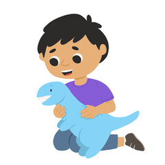 Cartoon happy boy playing with dinosaur and smiling. Cute vector illustration isolated on white background.
