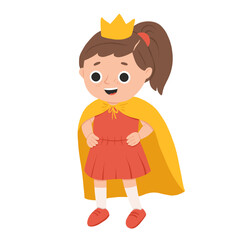 Cartoon happy girl in princess costume standing and smiling. Cute vector illustration isolated on white background.