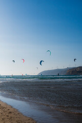 Windsurfing and kitesurfing at Prasonisi Beach at Rhodes Islnad in Greece
