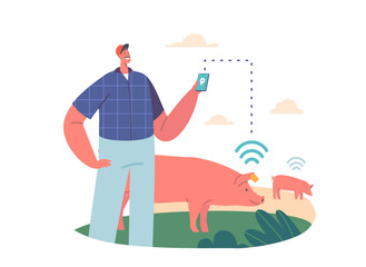 Farming Innovations Concept. Farmer Character Tracks Pigs on Livestock Using Gps Technology, Ensuring Efficient Grazing Generative AI