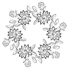Fototapeta na wymiar Free Embroidery Pattern. Printable Leaves Wreath. Hand drawn black and white floral wreath