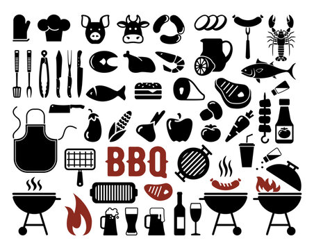 BBQ barbecue and grill related flat vector icons set isolated on white background.