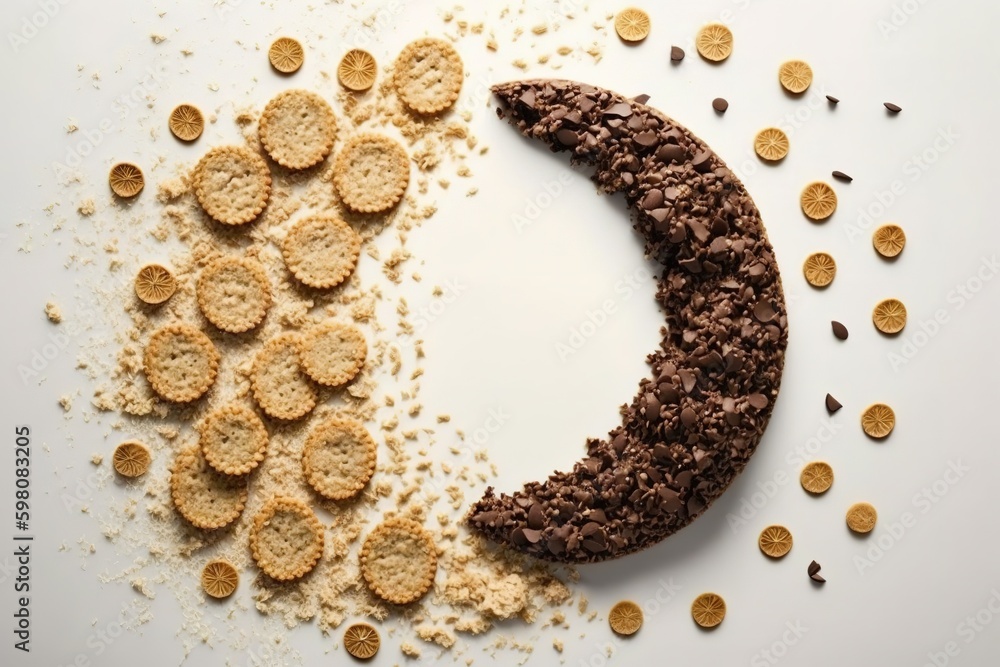 Poster top view of chocolate-covered oatmeal cookies with a crescent-shaped chocolate bite taken off and cr