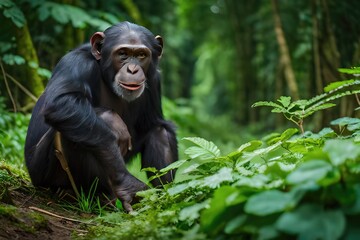 Chimpanzee in the forest. Chimp in the protected Kibale forest. Safari in Uganda. African wildlife. Generated by AI.