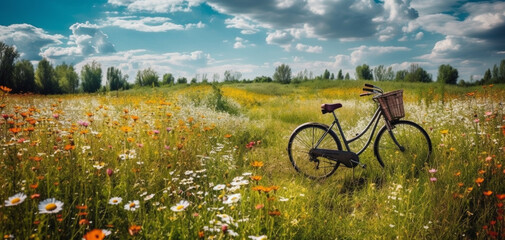 Naklejka premium Beautiful spring summer natural landscape with a bicycle on a flowering meadow against a blue sky with clouds on a bright sunny day. Created using generative AI.