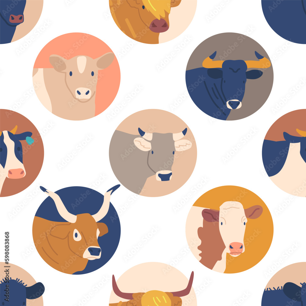Poster seamless pattern featuring cows and bulls heads inside of round icons. the design incorporates a var