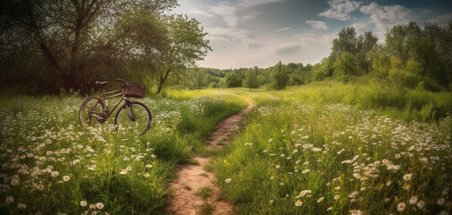 Beautiful spring summer natural landscape with a bicycle on a flowering meadow against a blue sky with clouds on a bright sunny day. Created using generative AI.
