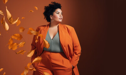 fashionable confident black woman on solid orange background. generative ai