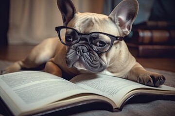 Adorable French Bulldog Puppy Enjoys Reading a Book in the Library with Its Funny Glasses On: Generative AI