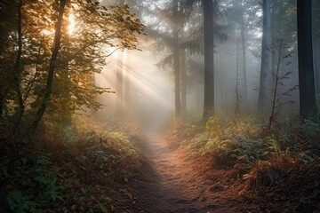 A Wander Through Nature's Mystical Beauty: Misty Morning in the Forest. Generative AI