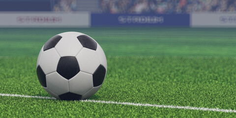 3D Traditional soccer ball on the line on field on a 3D Soccer Stadium
