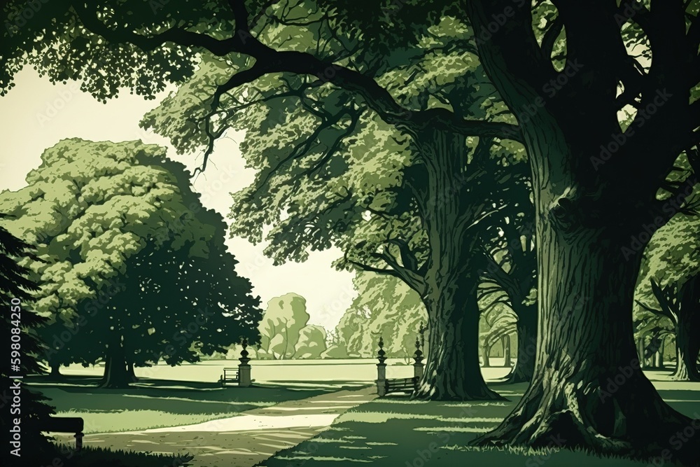 Poster park with mature trees and expansive grass. generative ai generative ai