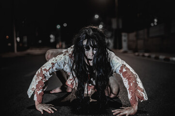 Horror woman concept,Ghost on the road in the city,A vengeful spirit on the street of the...