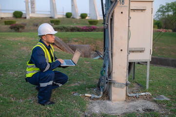 Telecommunication engineers work at cell towers for 5G cell phone signals,Network tower maintenance...