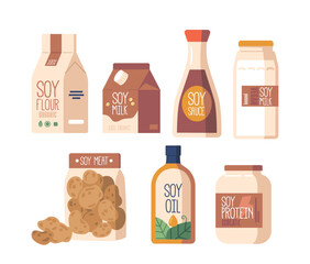 Soybean Products In Various Packaging, Including Soy Milk, Meat, Oil, Sauce and Flour. Vegetarian And Vegan Diets Generative AI
