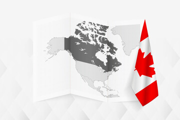 A grayscale map of Canada with a hanging Canadian flag on one side. Vector map for many types of news.