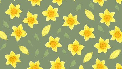 Obraz premium Sunny Daffodils: Floral Seamless Pattern with Bright Yellow Blooms and Green Leaves