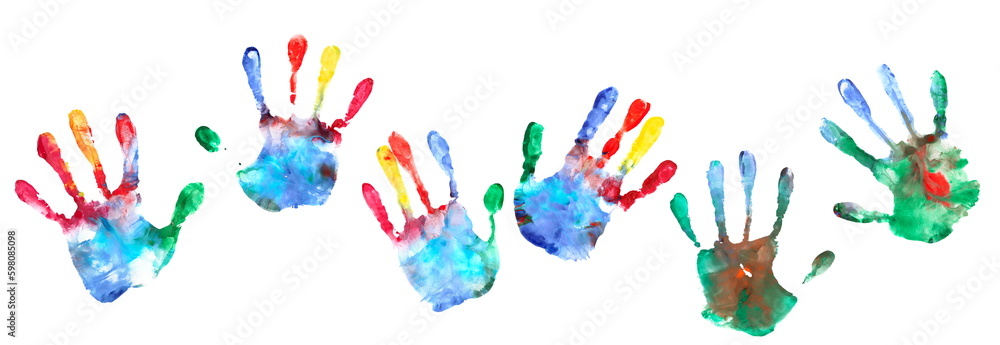 Wall mural Set colorful hand print, paint watercolor isolated on white  