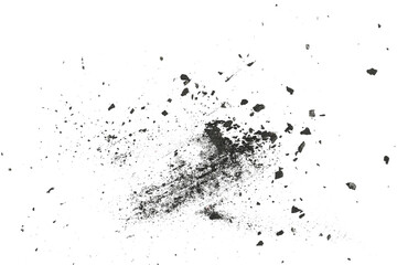 Black charcoal dust, gunpowder,  with effect fragments explosion isolated on white background and...